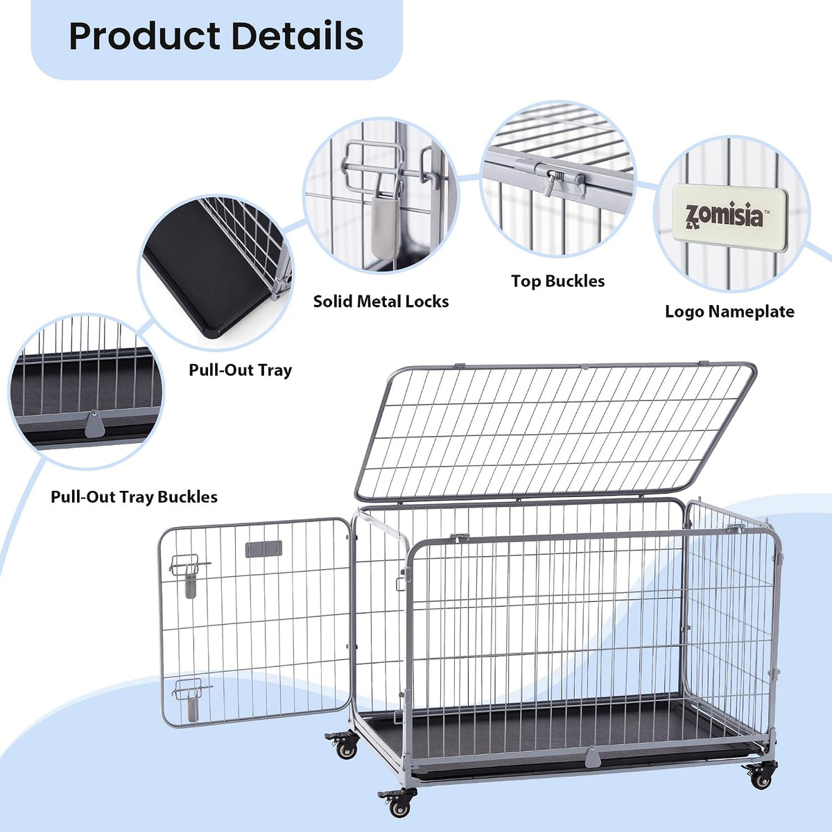Collapsible Dog Crate for Medium Dogs - 36 inch Escape Proof Metal Dog Kennel with Double Door, Easy Assembly Foldable Dog Cage with Removable Tray, Indoor Outdoor Use, Silver Gray
