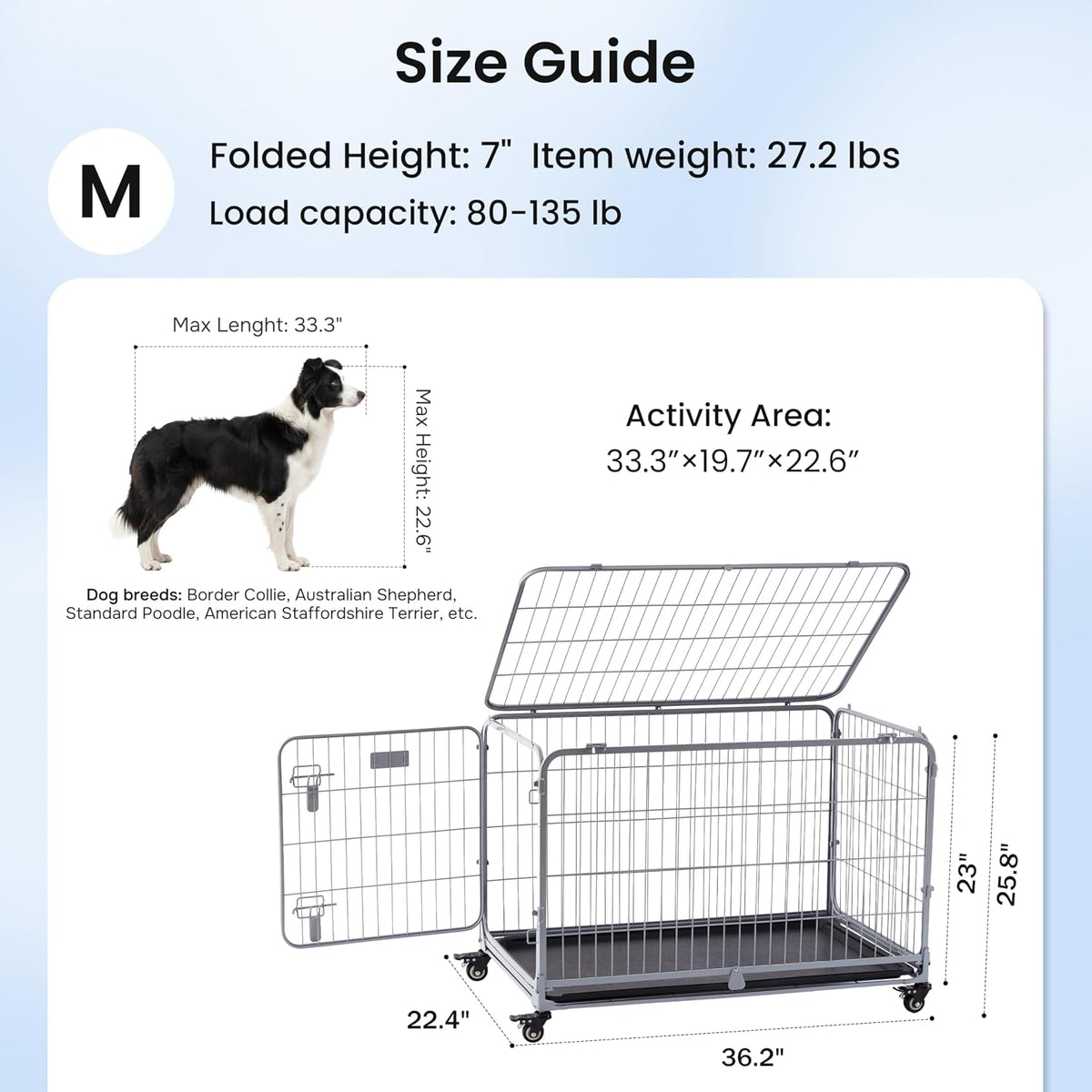 Collapsible Dog Crate for Medium Dogs - 36 inch Escape Proof Metal Dog Kennel with Double Door, Easy Assembly Foldable Dog Cage with Removable Tray, Indoor Outdoor Use, Silver Gray