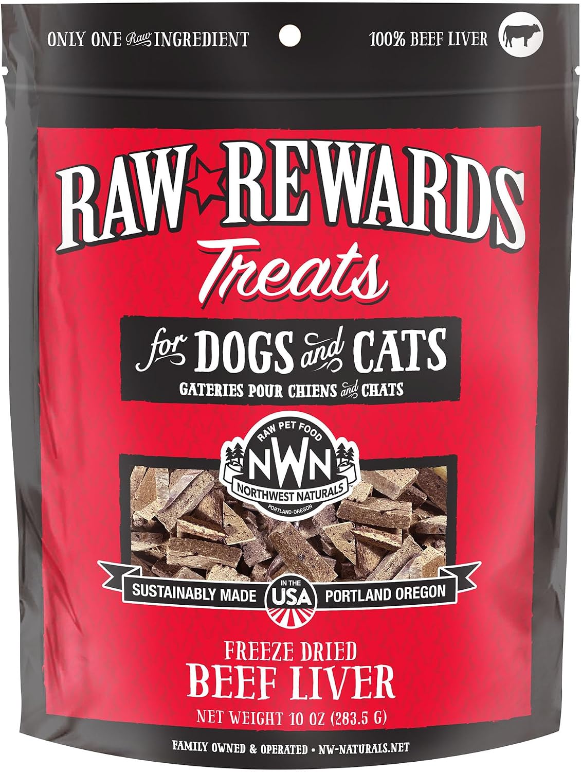 Raw Rewards Freeze-Dried Beef Liver Treats for Dogs and Cats - Bite-Sized Pieces - Healthy, 1 Ingredient, Human Grade Pet Food, All Natural, Proudly Made in USA, 10 Oz