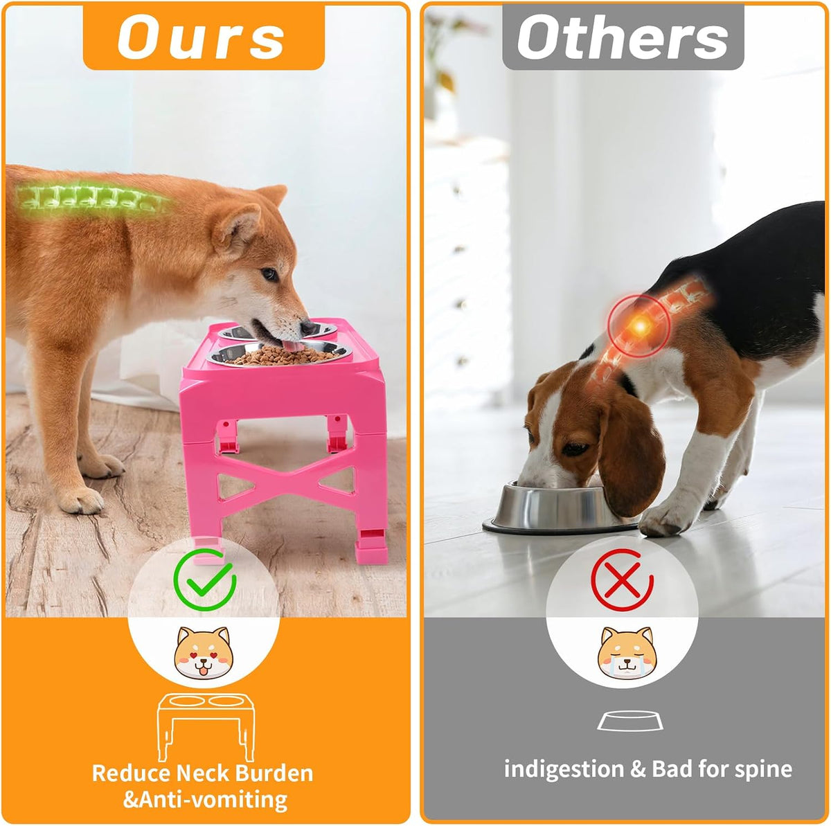 Elevated Dog Bowls with 2 Stainless Steel Dog Food & Water Raised Bowls with No Spill Edge Non-Slip Stand Adjusts to 3 Heights(2.75", 6.0", 7.5") for Small Medium Dogs and Pet