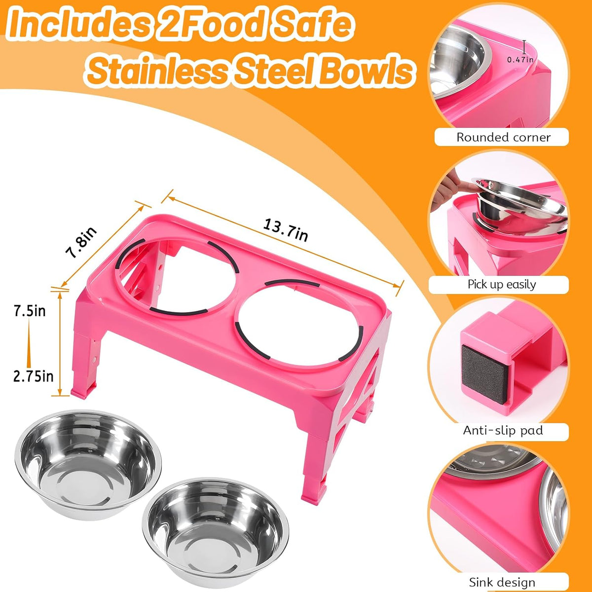 Elevated Dog Bowls with 2 Stainless Steel Dog Food & Water Raised Bowls with No Spill Edge Non-Slip Stand Adjusts to 3 Heights(2.75", 6.0", 7.5") for Small Medium Dogs and Pet