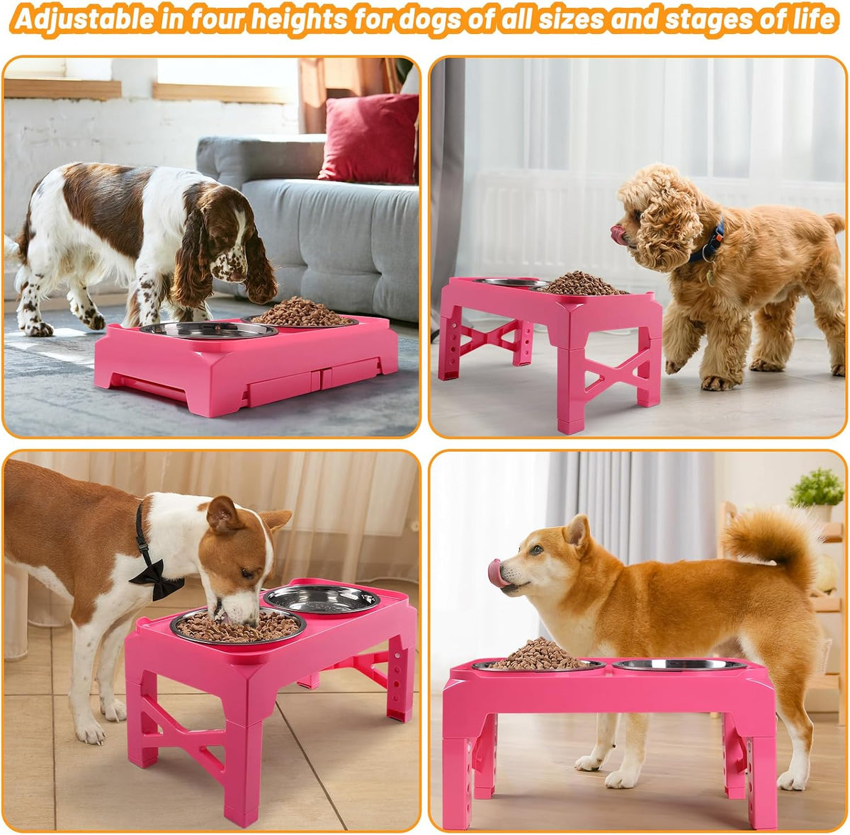 Elevated Dog Bowls with 2 Stainless Steel Dog Food & Water Raised Bowls with No Spill Edge Non-Slip Stand Adjusts to 3 Heights(2.75", 6.0", 7.5") for Small Medium Dogs and Pet