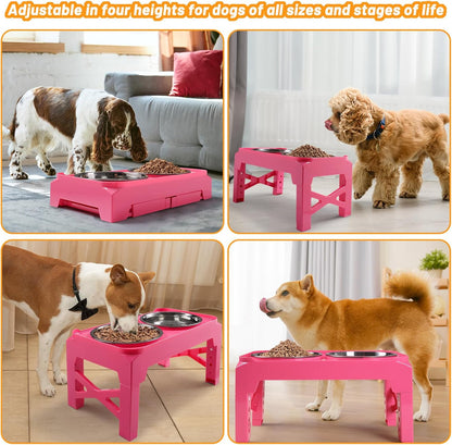 Elevated Dog Bowls with 2 Stainless Steel Dog Food & Water Raised Bowls with No Spill Edge Non-Slip Stand Adjusts to 3 Heights(2.75", 6.0", 7.5") for Small Medium Dogs and Pet