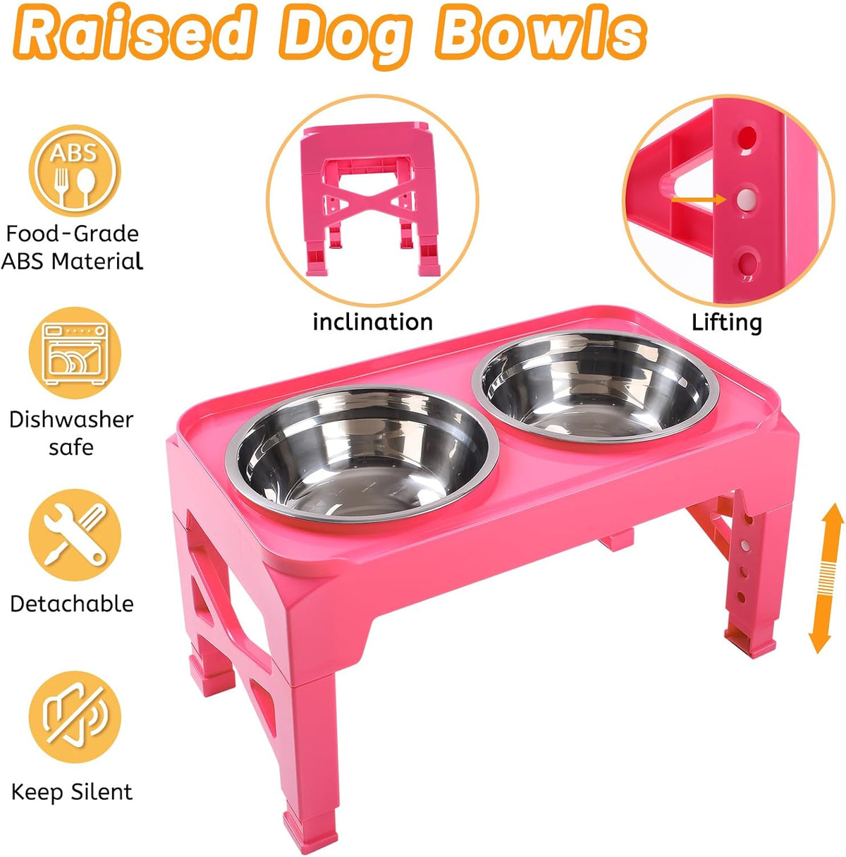 Elevated Dog Bowls with 2 Stainless Steel Dog Food & Water Raised Bowls with No Spill Edge Non-Slip Stand Adjusts to 3 Heights(2.75", 6.0", 7.5") for Small Medium Dogs and Pet