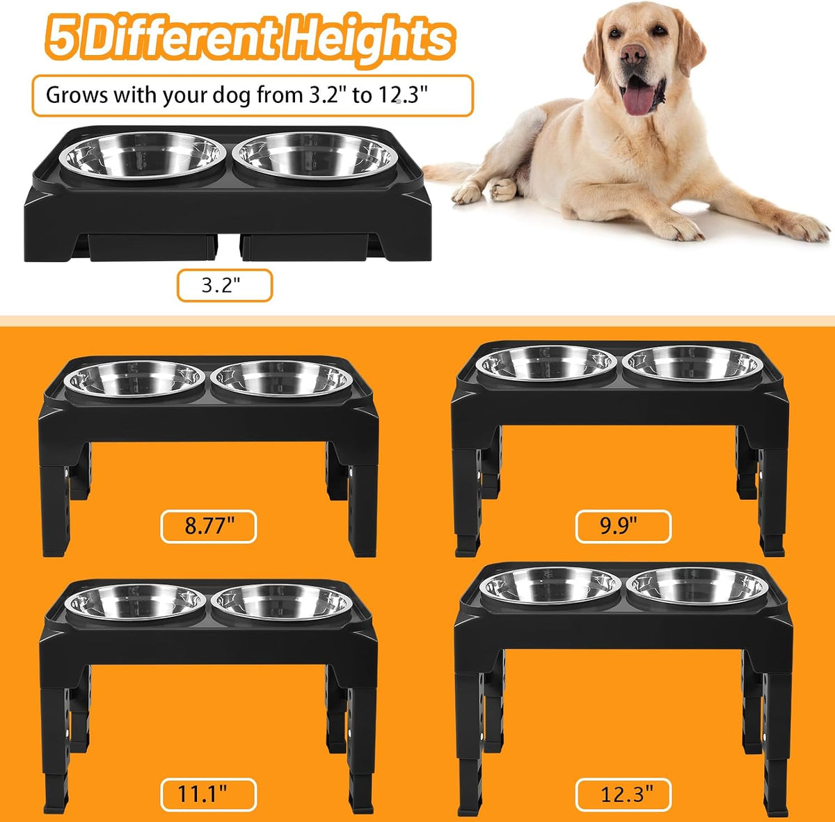 Elevated Dog Bowls with 2 Stainless Steel Dog Food & Water Raised Bowls with No Spill Edge Non-Slip Stand Adjusts to 3 Heights(2.75", 6.0", 7.5") for Small Medium Dogs and Pet