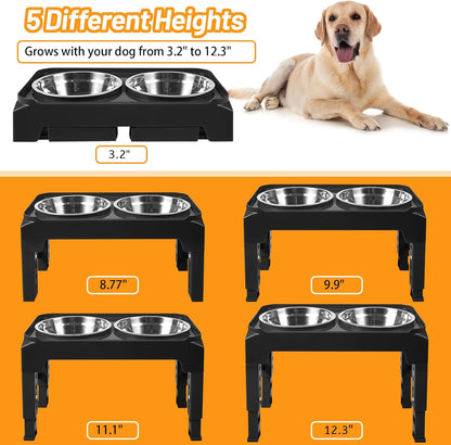 Elevated Dog Bowls with 2 Stainless Steel Dog Food & Water Raised Bowls with No Spill Edge Non-Slip Stand Adjusts to 3 Heights(2.75", 6.0", 7.5") for Small Medium Dogs and Pet