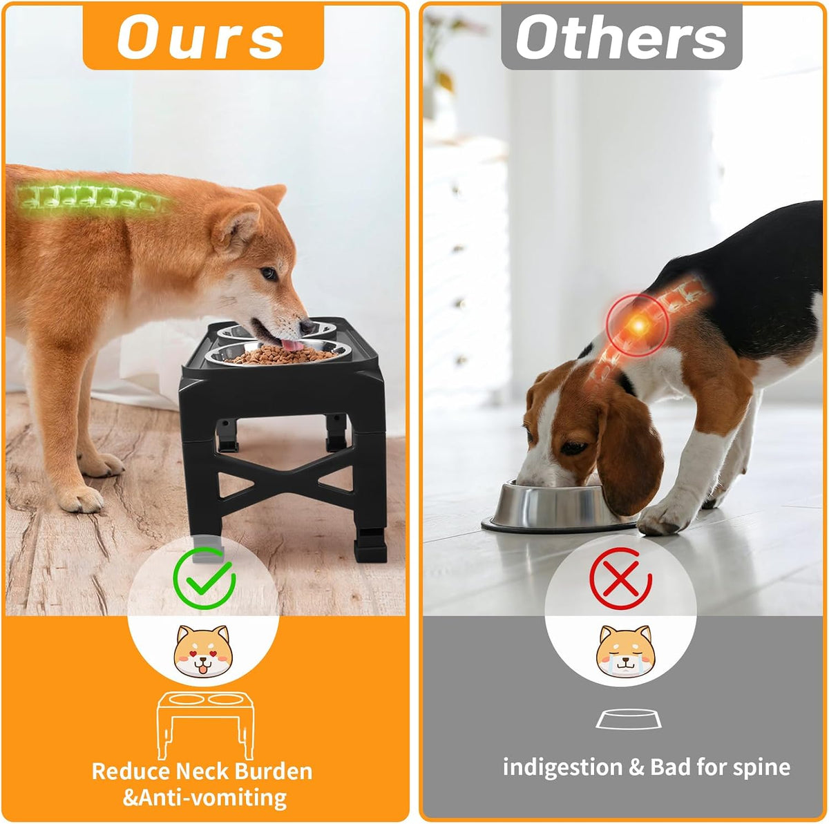 Elevated Dog Bowls with 2 Stainless Steel Dog Food & Water Raised Bowls with No Spill Edge Non-Slip Stand Adjusts to 3 Heights(2.75", 6.0", 7.5") for Small Medium Dogs and Pet