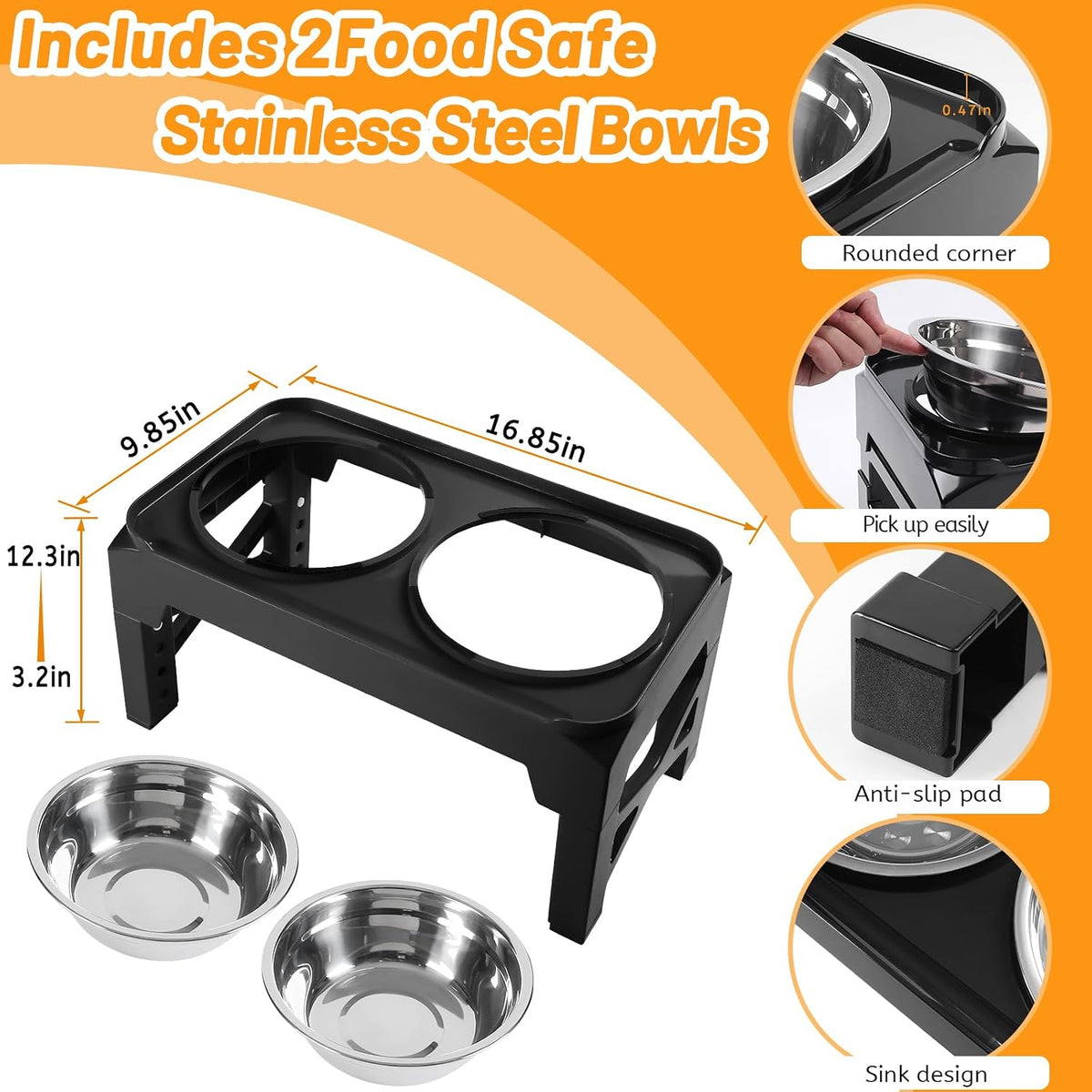 Elevated Dog Bowls with 2 Stainless Steel Dog Food & Water Raised Bowls with No Spill Edge Non-Slip Stand Adjusts to 3 Heights(2.75", 6.0", 7.5") for Small Medium Dogs and Pet