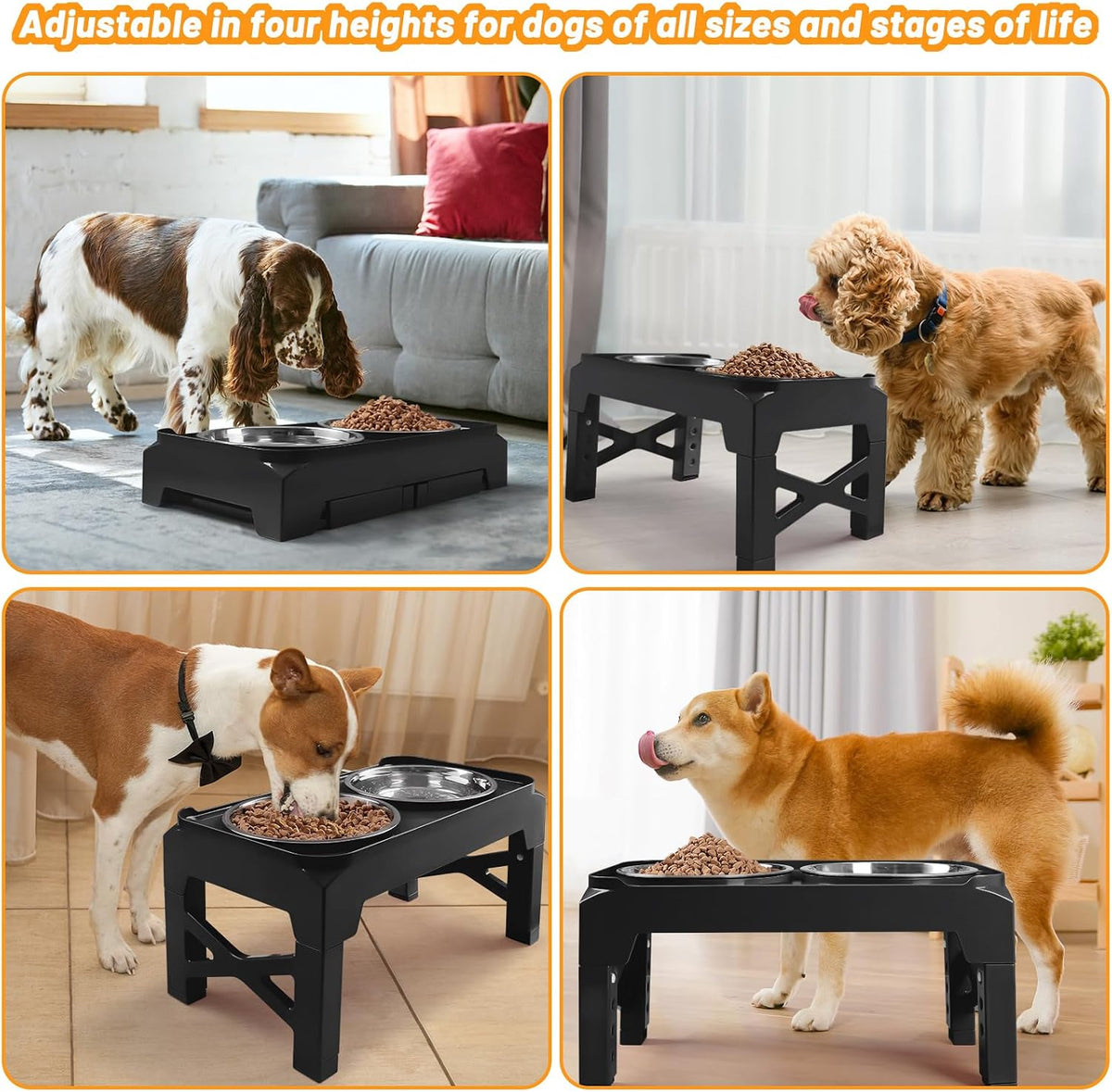 Elevated Dog Bowls with 2 Stainless Steel Dog Food & Water Raised Bowls with No Spill Edge Non-Slip Stand Adjusts to 3 Heights(2.75", 6.0", 7.5") for Small Medium Dogs and Pet