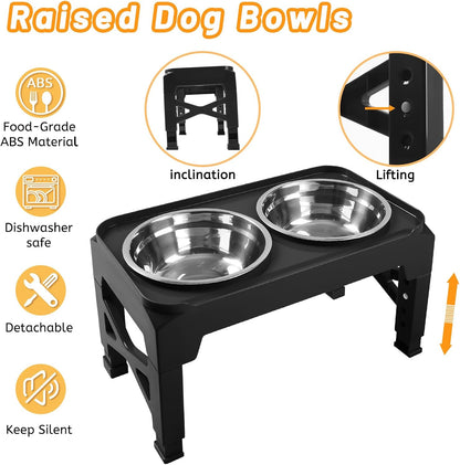 Elevated Dog Bowls with 2 Stainless Steel Dog Food & Water Raised Bowls with No Spill Edge Non-Slip Stand Adjusts to 3 Heights(2.75", 6.0", 7.5") for Small Medium Dogs and Pet