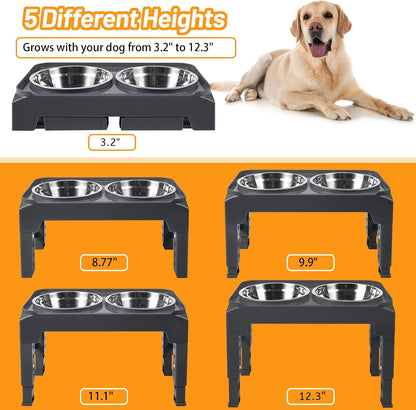 Elevated Dog Bowls with 2 Stainless Steel Dog Food & Water Raised Bowls with No Spill Edge Non-Slip Stand Adjusts to 3 Heights(2.75", 6.0", 7.5") for Small Medium Dogs and Pet