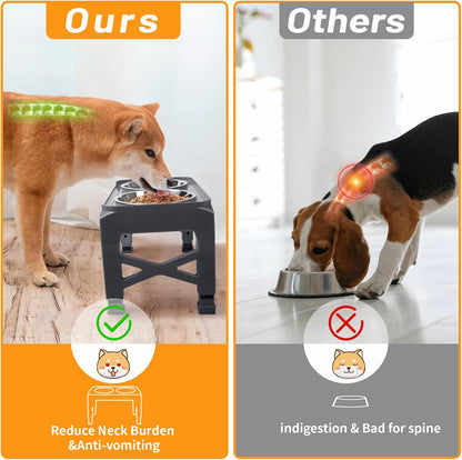 Elevated Dog Bowls with 2 Stainless Steel Dog Food & Water Raised Bowls with No Spill Edge Non-Slip Stand Adjusts to 3 Heights(2.75", 6.0", 7.5") for Small Medium Dogs and Pet