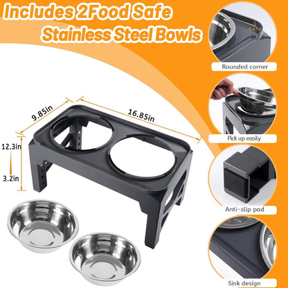 Elevated Dog Bowls with 2 Stainless Steel Dog Food & Water Raised Bowls with No Spill Edge Non-Slip Stand Adjusts to 3 Heights(2.75", 6.0", 7.5") for Small Medium Dogs and Pet