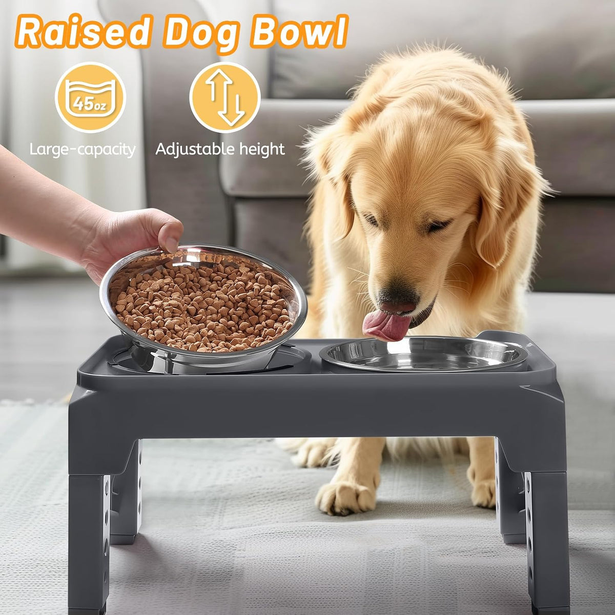 Elevated Dog Bowls with 2 Stainless Steel Dog Food & Water Raised Bowls with No Spill Edge Non-Slip Stand Adjusts to 3 Heights(2.75", 6.0", 7.5") for Small Medium Dogs and Pet