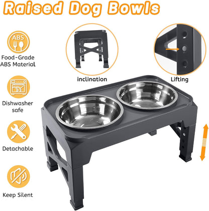 Elevated Dog Bowls with 2 Stainless Steel Dog Food & Water Raised Bowls with No Spill Edge Non-Slip Stand Adjusts to 3 Heights(2.75", 6.0", 7.5") for Small Medium Dogs and Pet