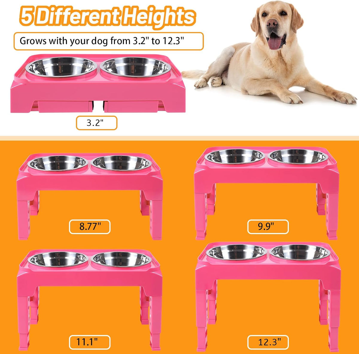 Elevated Dog Bowls with 2 Stainless Steel Dog Food & Water Raised Bowls with No Spill Edge Non-Slip Stand Adjusts to 3 Heights(2.75", 6.0", 7.5") for Small Medium Dogs and Pet
