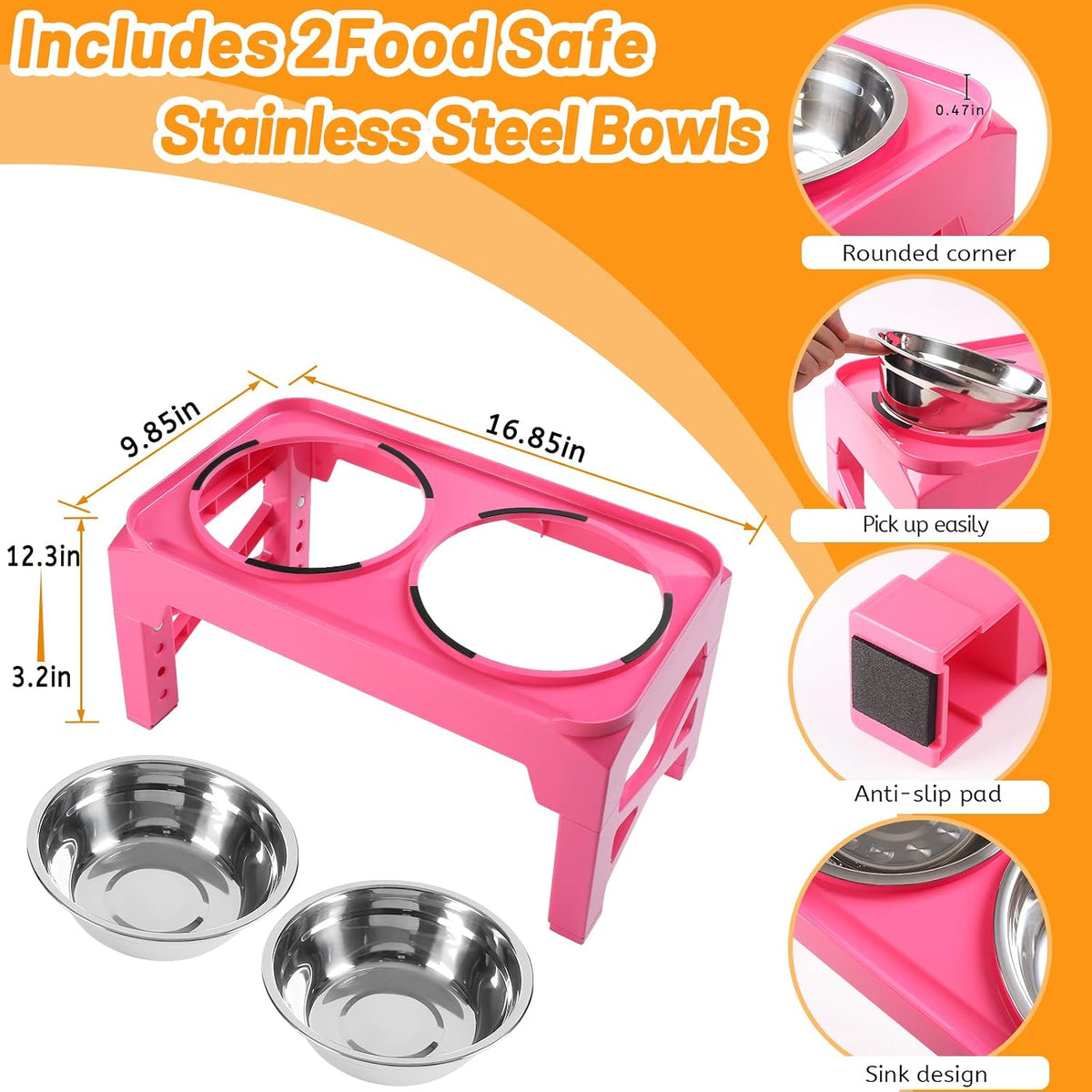 Elevated Dog Bowls with 2 Stainless Steel Dog Food & Water Raised Bowls with No Spill Edge Non-Slip Stand Adjusts to 3 Heights(2.75", 6.0", 7.5") for Small Medium Dogs and Pet