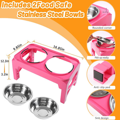 Elevated Dog Bowls with 2 Stainless Steel Dog Food & Water Raised Bowls with No Spill Edge Non-Slip Stand Adjusts to 3 Heights(2.75", 6.0", 7.5") for Small Medium Dogs and Pet