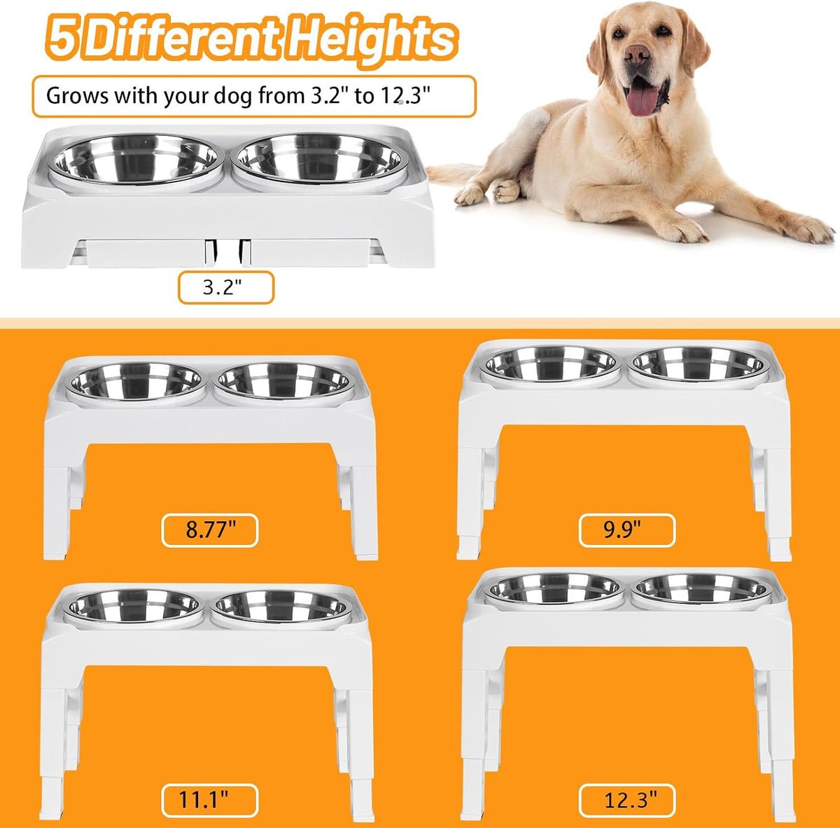 Elevated Dog Bowls with 2 Stainless Steel Dog Food & Water Raised Bowls with No Spill Edge Non-Slip Stand Adjusts to 3 Heights(2.75", 6.0", 7.5") for Small Medium Dogs and Pet