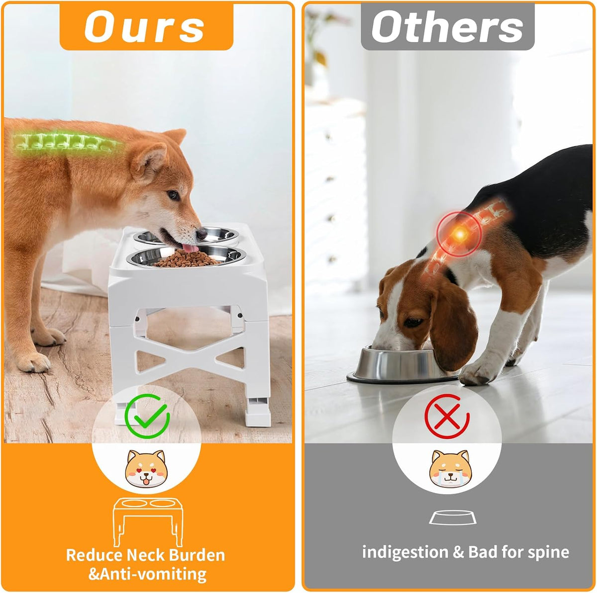 Elevated Dog Bowls with 2 Stainless Steel Dog Food & Water Raised Bowls with No Spill Edge Non-Slip Stand Adjusts to 3 Heights(2.75", 6.0", 7.5") for Small Medium Dogs and Pet