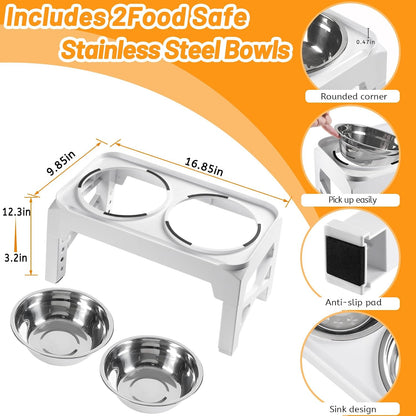 Elevated Dog Bowls with 2 Stainless Steel Dog Food & Water Raised Bowls with No Spill Edge Non-Slip Stand Adjusts to 3 Heights(2.75", 6.0", 7.5") for Small Medium Dogs and Pet