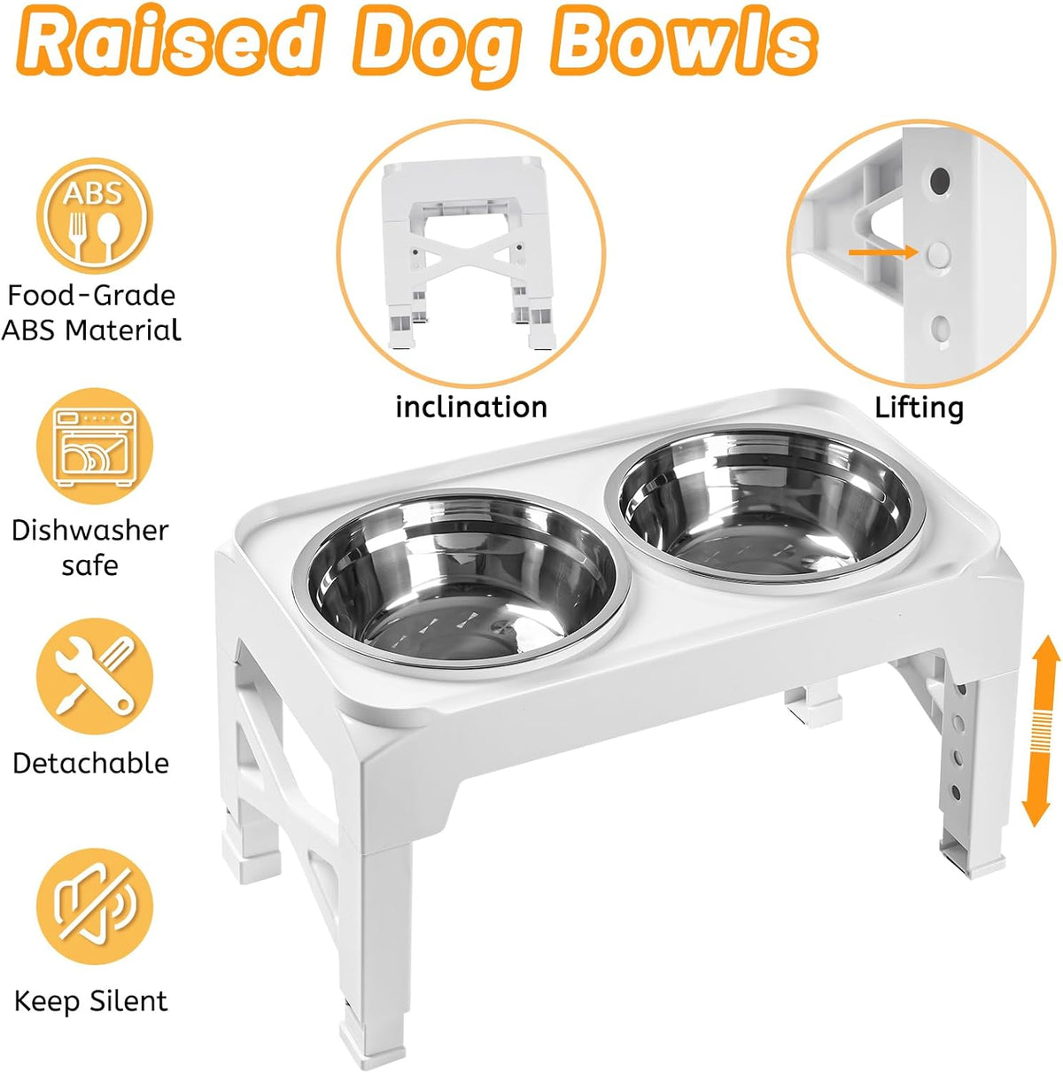 Elevated Dog Bowls with 2 Stainless Steel Dog Food & Water Raised Bowls with No Spill Edge Non-Slip Stand Adjusts to 3 Heights(2.75", 6.0", 7.5") for Small Medium Dogs and Pet