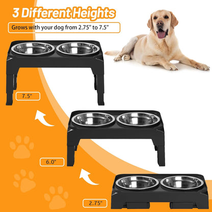Elevated Dog Bowls with 2 Stainless Steel Dog Food & Water Raised Bowls with No Spill Edge Non-Slip Stand Adjusts to 3 Heights(2.75", 6.0", 7.5") for Small Medium Dogs and Pet