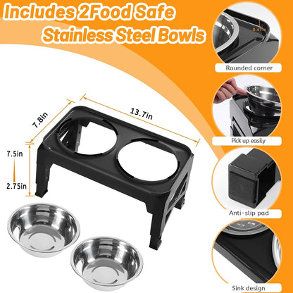 Elevated Dog Bowls with 2 Stainless Steel Dog Food & Water Raised Bowls with No Spill Edge Non-Slip Stand Adjusts to 3 Heights(2.75", 6.0", 7.5") for Small Medium Dogs and Pet