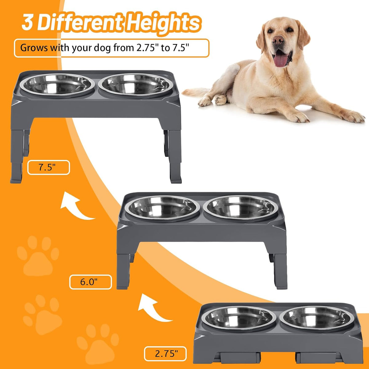 Elevated Dog Bowls with 2 Stainless Steel Dog Food & Water Raised Bowls with No Spill Edge Non-Slip Stand Adjusts to 3 Heights(2.75", 6.0", 7.5") for Small Medium Dogs and Pet