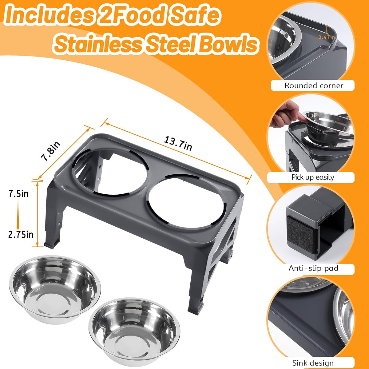 Elevated Dog Bowls with 2 Stainless Steel Dog Food & Water Raised Bowls with No Spill Edge Non-Slip Stand Adjusts to 3 Heights(2.75", 6.0", 7.5") for Small Medium Dogs and Pet