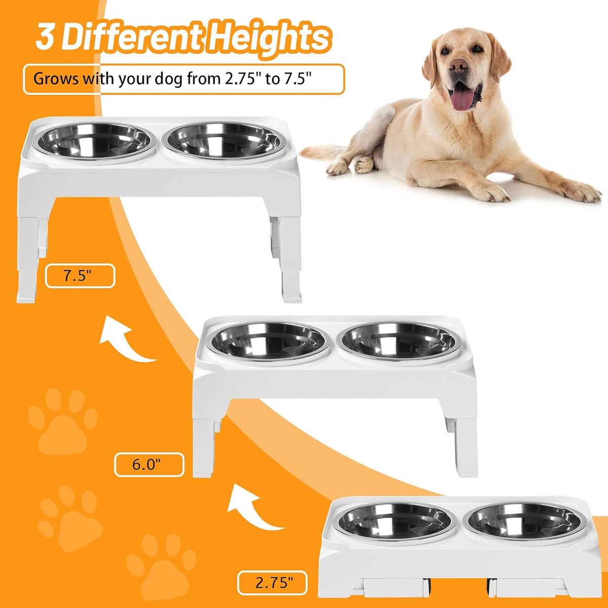 Elevated Dog Bowls with 2 Stainless Steel Dog Food & Water Raised Bowls with No Spill Edge Non-Slip Stand Adjusts to 3 Heights(2.75", 6.0", 7.5") for Small Medium Dogs and Pet