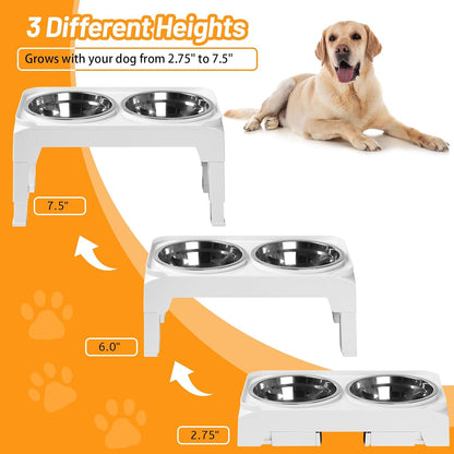 Elevated Dog Bowls with 2 Stainless Steel Dog Food & Water Raised Bowls with No Spill Edge Non-Slip Stand Adjusts to 3 Heights(2.75", 6.0", 7.5") for Small Medium Dogs and Pet