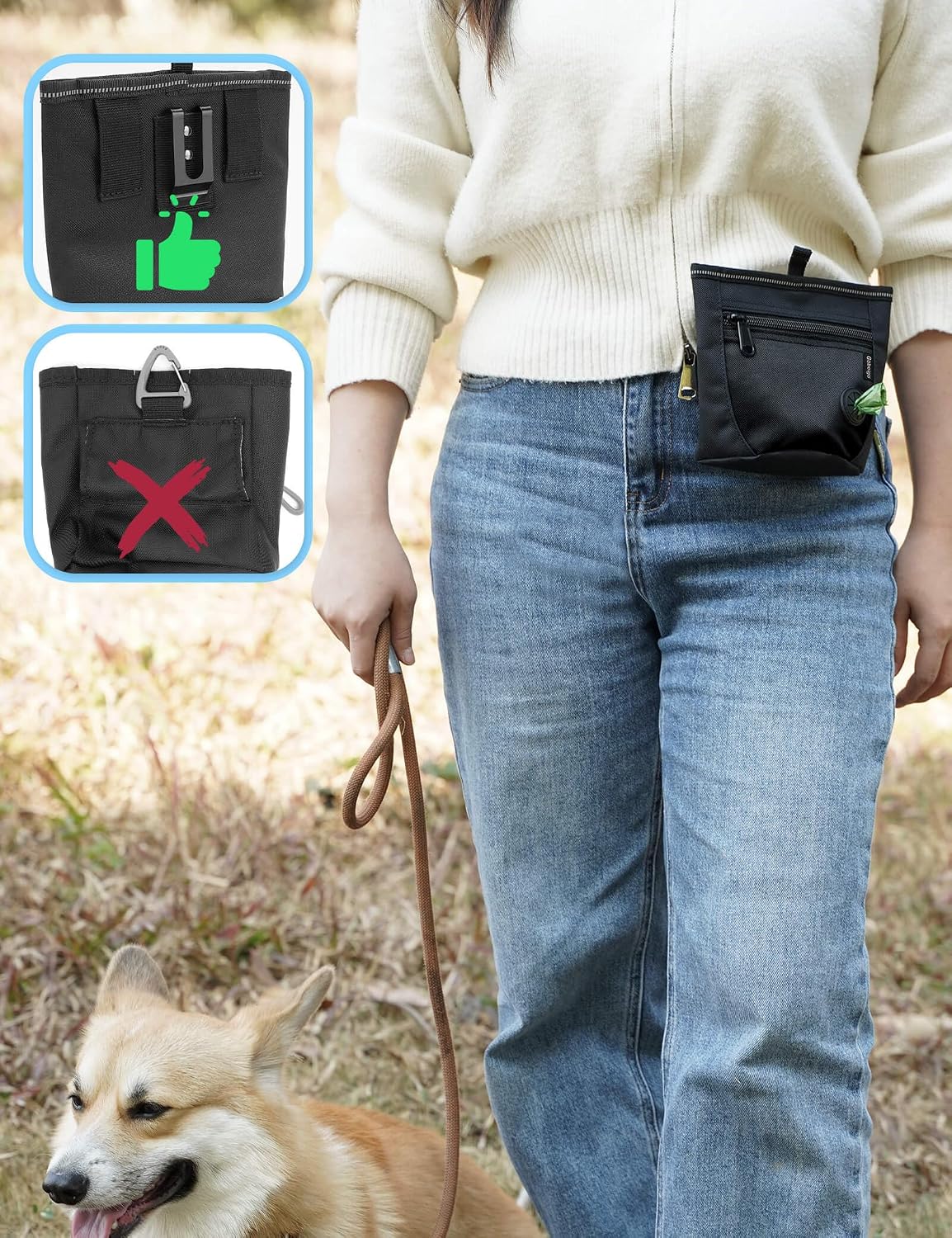2 Cup Magnetic Closure Dog Treat Pouch with Training Clicker(Black)