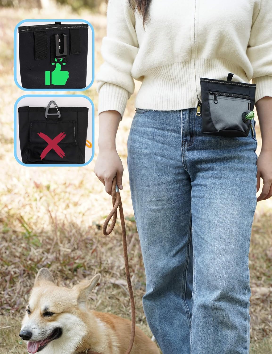 2 Cup Magnetic Closure Dog Treat Pouch with Training Clicker(Black)