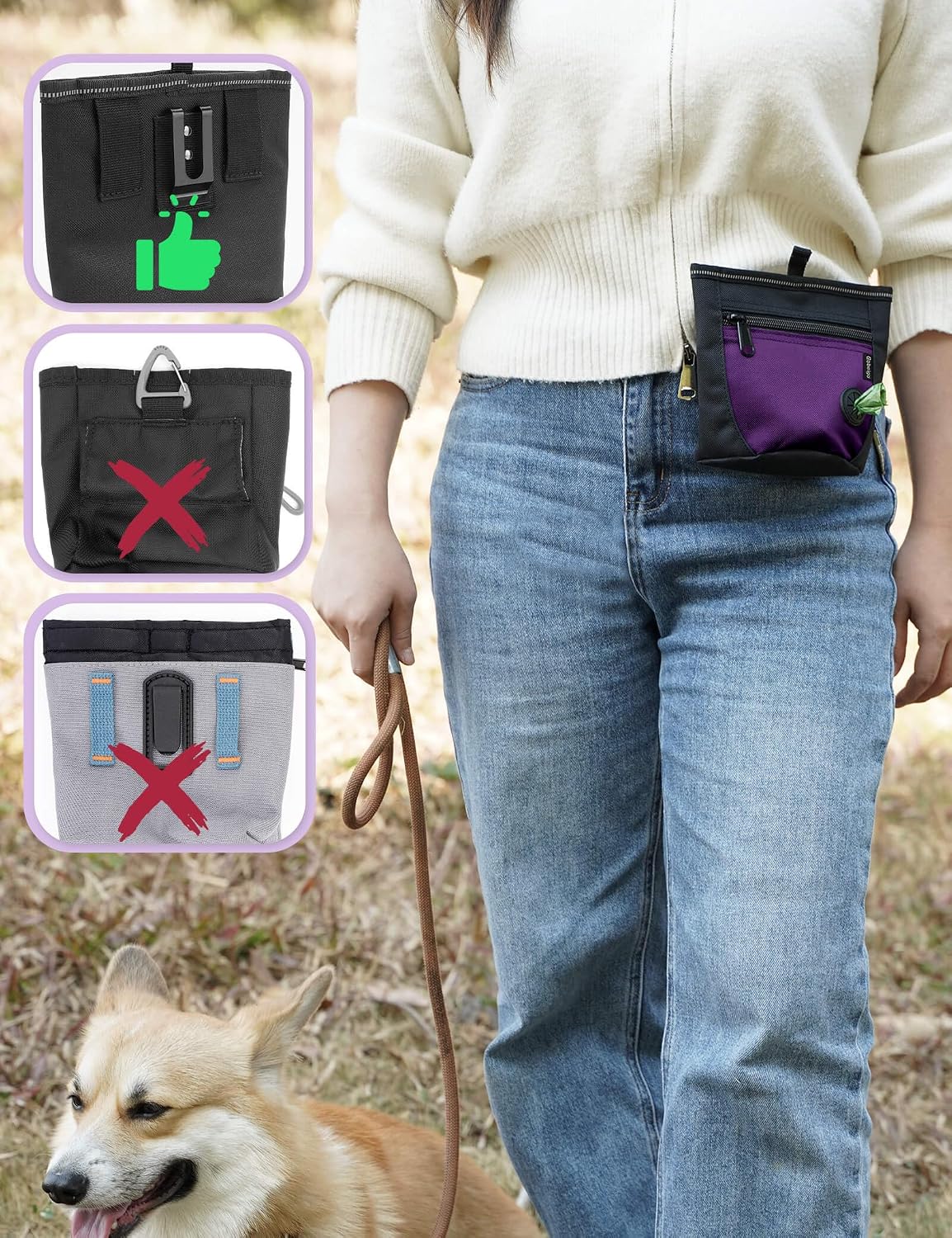 2 Cup Magnetic Closure Dog Treat Pouch with Training Clicker(Black)