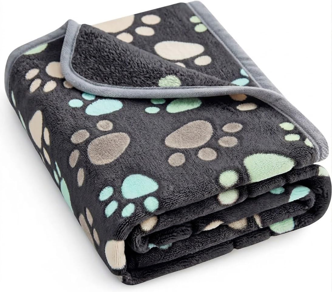 Fluffy Premium Flannel Dog Blanket Washable Paw Printed Throw for Small Medium Large Dog Cat(30"x20" Dark Grey)