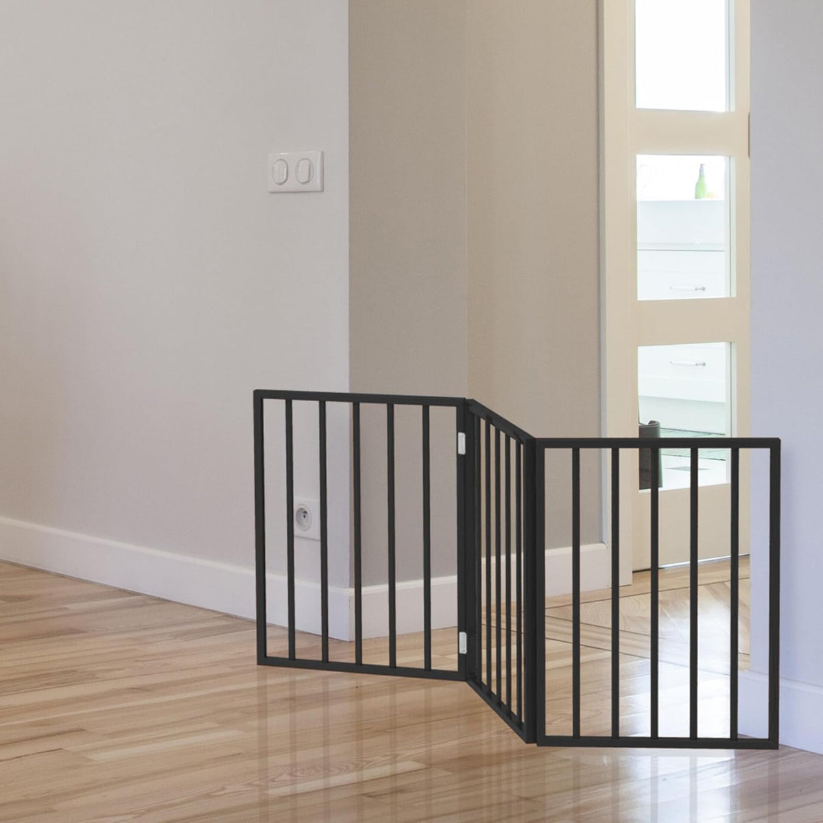 Pet Gate - 4-Panel Indoor Foldable Dog Fence for Stairs, Hallways or Doorways - 72x24-Inch Retractable Wood Freestanding Dog Gates (White)