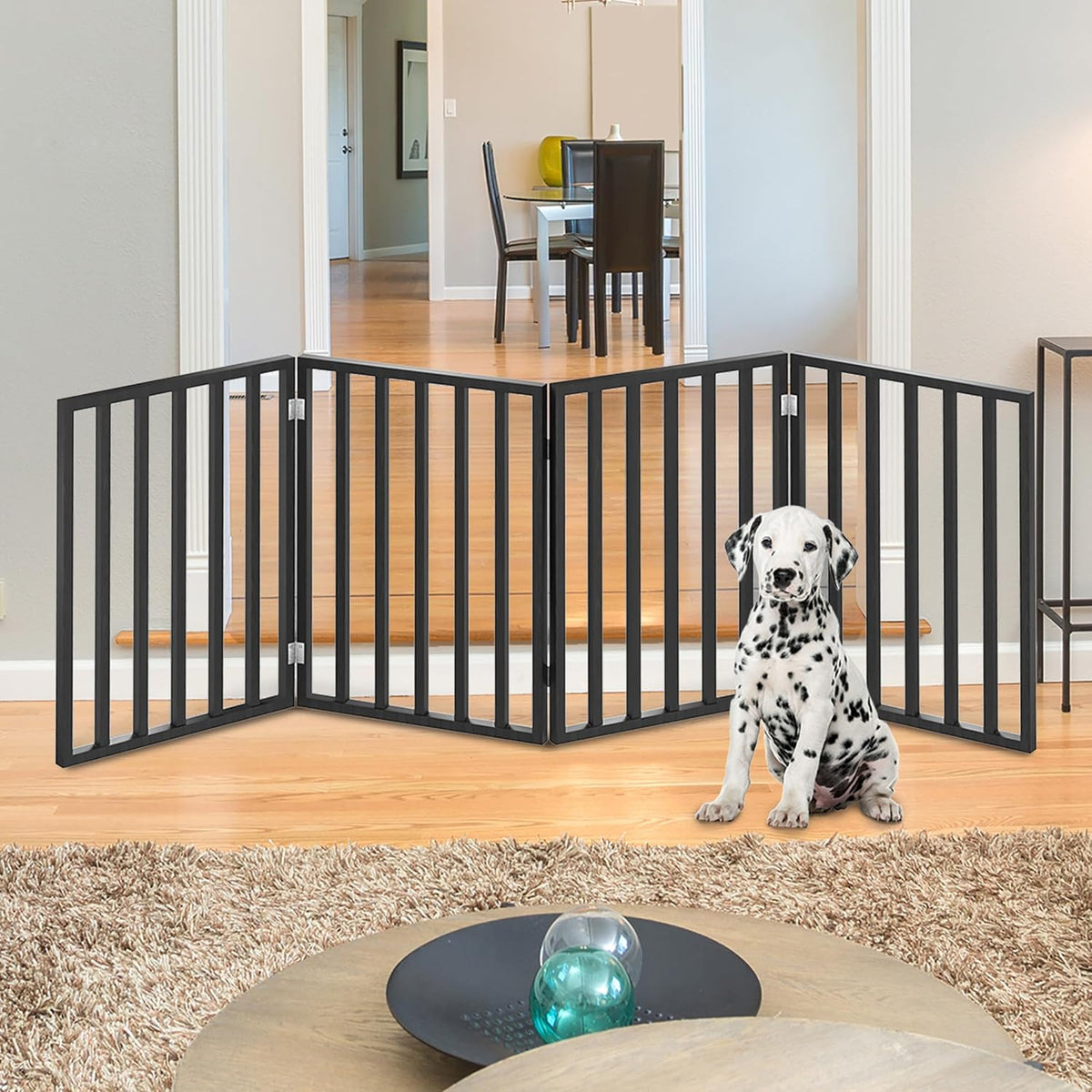 Pet Gate - 4-Panel Indoor Foldable Dog Fence for Stairs, Hallways or Doorways - 72x24-Inch Retractable Wood Freestanding Dog Gates (White)