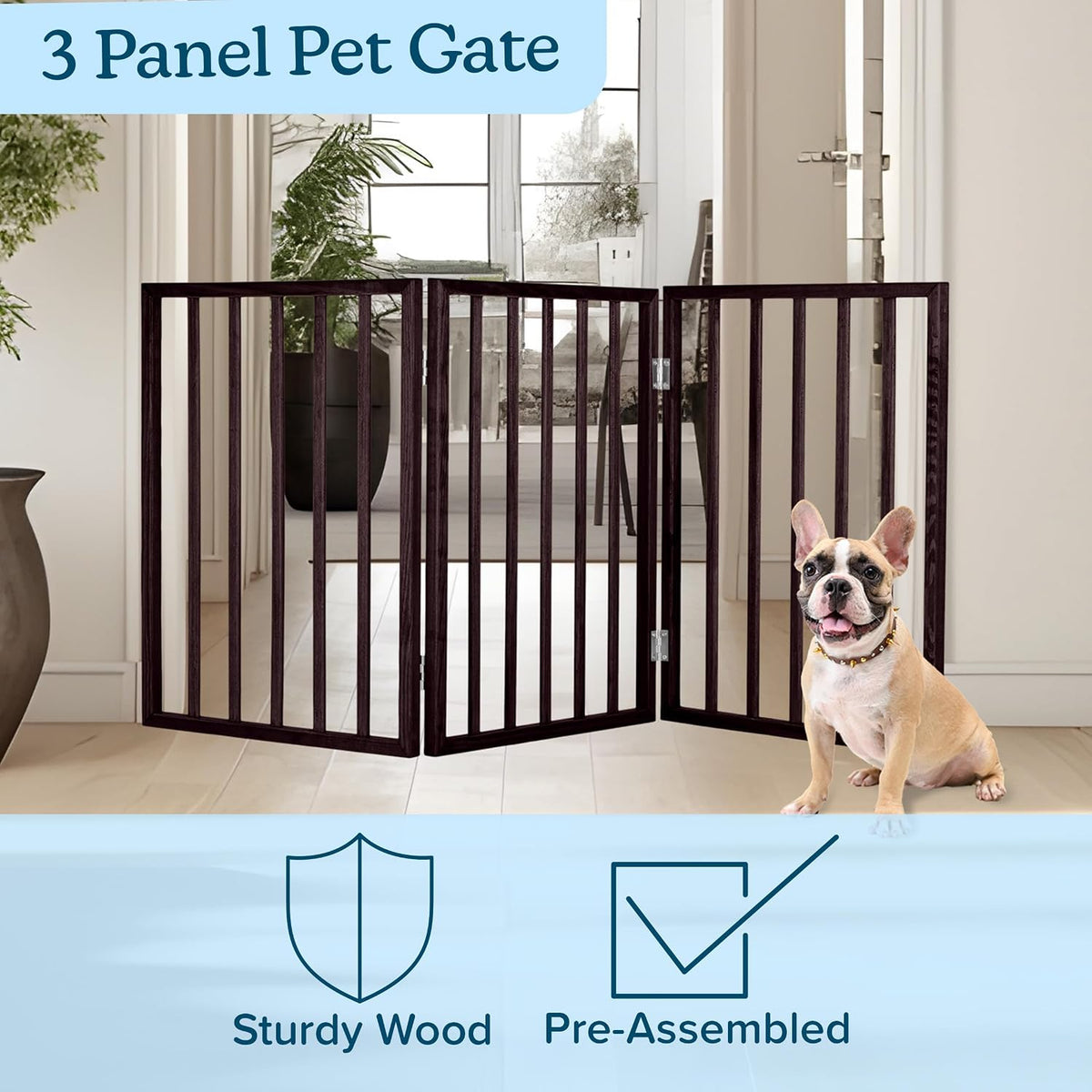 Pet Gate - 4-Panel Indoor Foldable Dog Fence for Stairs, Hallways or Doorways - 72x24-Inch Retractable Wood Freestanding Dog Gates (White)