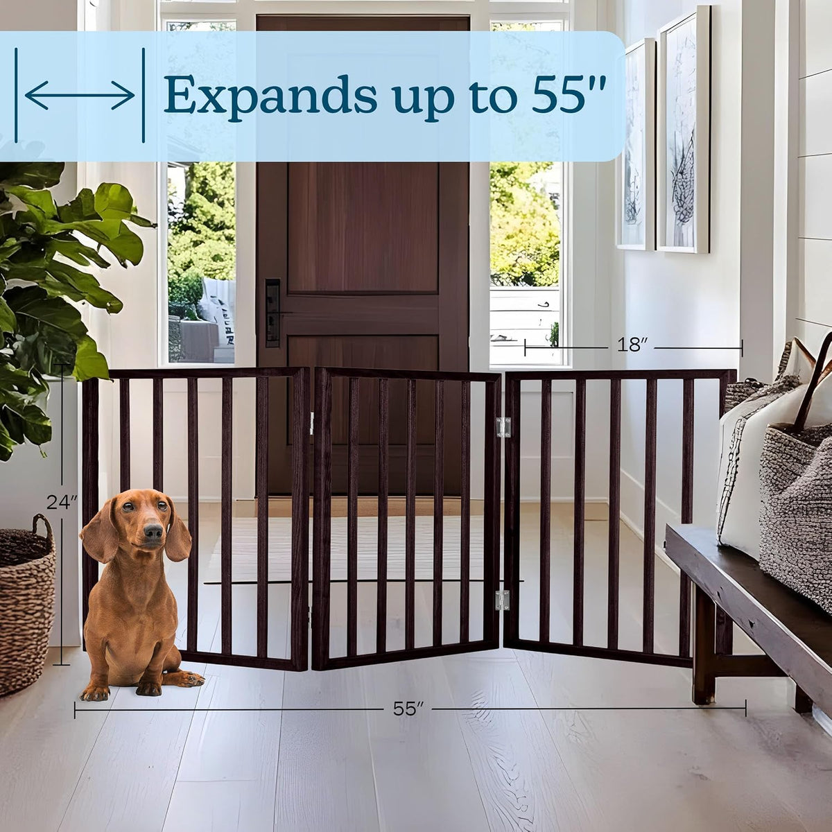 Pet Gate - 4-Panel Indoor Foldable Dog Fence for Stairs, Hallways or Doorways - 72x24-Inch Retractable Wood Freestanding Dog Gates (White)