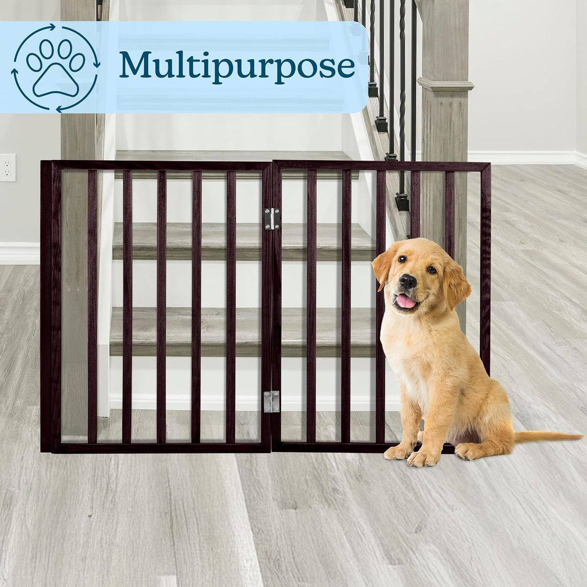 Pet Gate - 4-Panel Indoor Foldable Dog Fence for Stairs, Hallways or Doorways - 72x24-Inch Retractable Wood Freestanding Dog Gates (White)