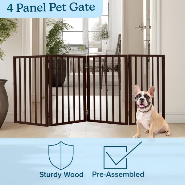 Pet Gate - 4-Panel Indoor Foldable Dog Fence for Stairs, Hallways or Doorways - 72x24-Inch Retractable Wood Freestanding Dog Gates (White)