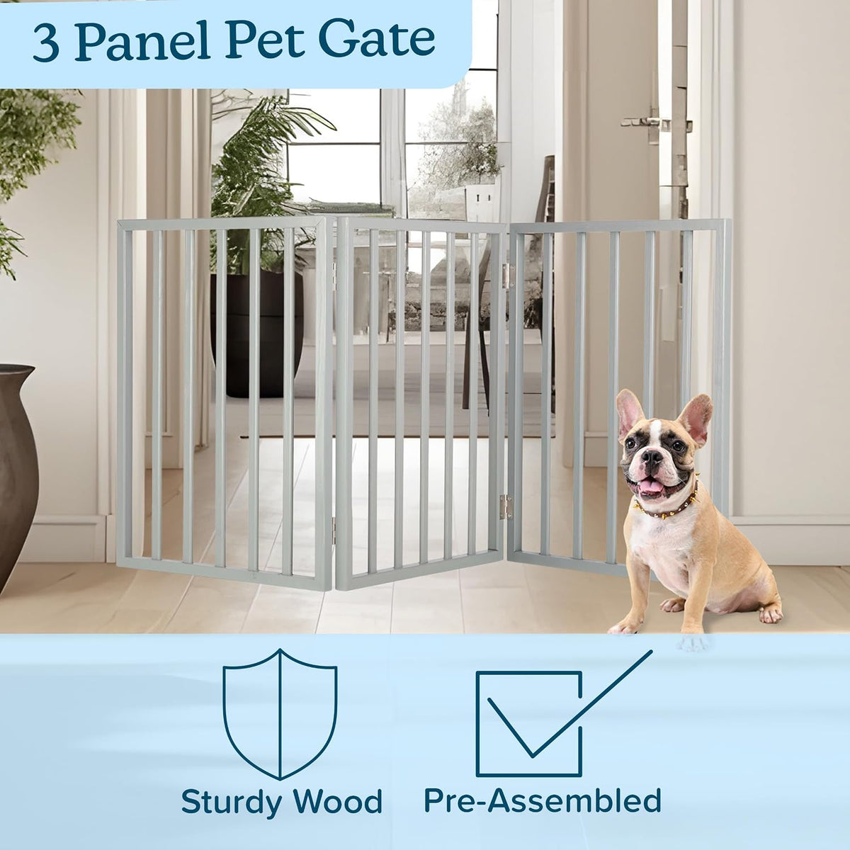 Pet Gate - 4-Panel Indoor Foldable Dog Fence for Stairs, Hallways or Doorways - 72x24-Inch Retractable Wood Freestanding Dog Gates (White)