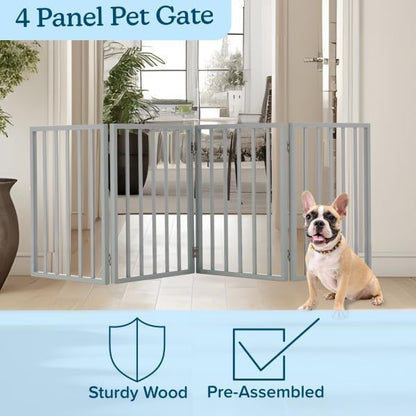 Pet Gate - 4-Panel Indoor Foldable Dog Fence for Stairs, Hallways or Doorways - 72x24-Inch Retractable Wood Freestanding Dog Gates (White)