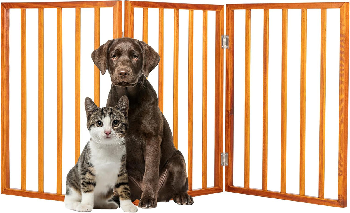 Pet Gate - 4-Panel Indoor Foldable Dog Fence for Stairs, Hallways or Doorways - 72x24-Inch Retractable Wood Freestanding Dog Gates (White)