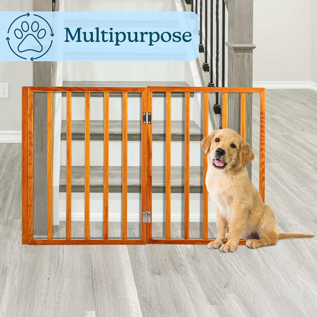 Pet Gate - 4-Panel Indoor Foldable Dog Fence for Stairs, Hallways or Doorways - 72x24-Inch Retractable Wood Freestanding Dog Gates (White)