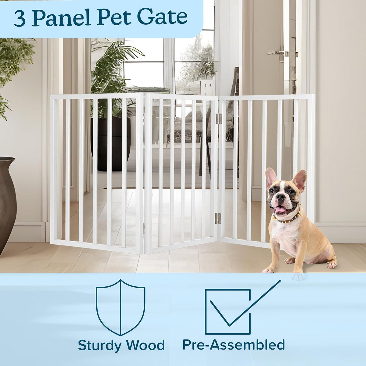 Pet Gate - 4-Panel Indoor Foldable Dog Fence for Stairs, Hallways or Doorways - 72x24-Inch Retractable Wood Freestanding Dog Gates (White)