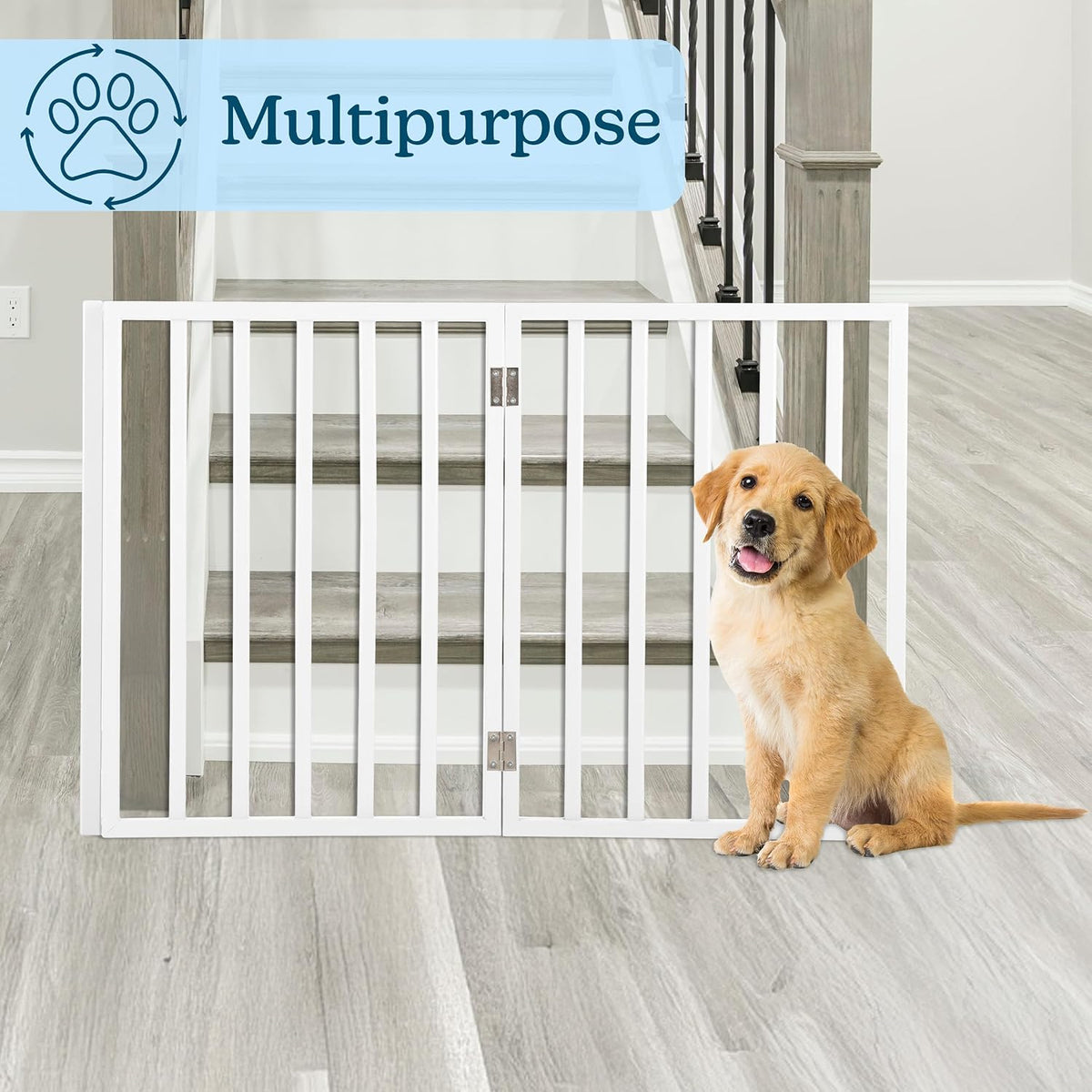 Pet Gate - 4-Panel Indoor Foldable Dog Fence for Stairs, Hallways or Doorways - 72x24-Inch Retractable Wood Freestanding Dog Gates (White)