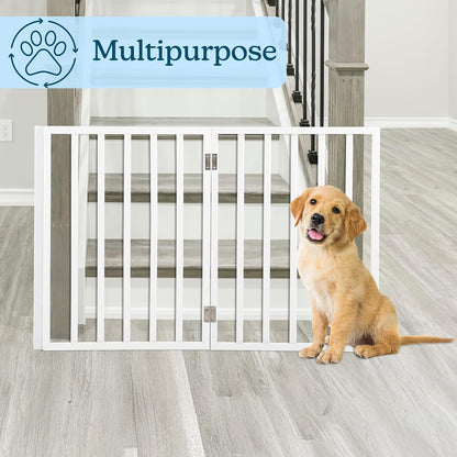 Pet Gate - 4-Panel Indoor Foldable Dog Fence for Stairs, Hallways or Doorways - 72x24-Inch Retractable Wood Freestanding Dog Gates (White)
