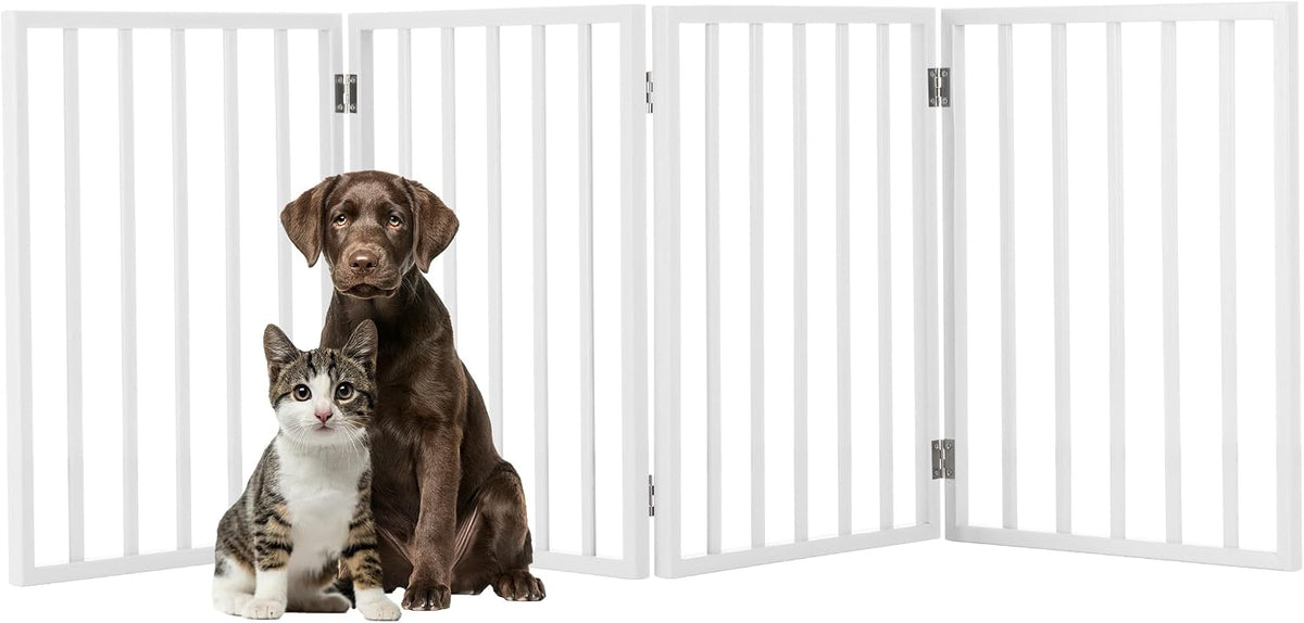 Pet Gate - 4-Panel Indoor Foldable Dog Fence for Stairs, Hallways or Doorways - 72x24-Inch Retractable Wood Freestanding Dog Gates (White)